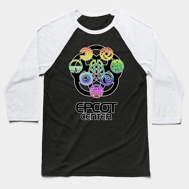 EPCOT Center Pavilion Logos Baseball T-Shirt by FuturePort2032